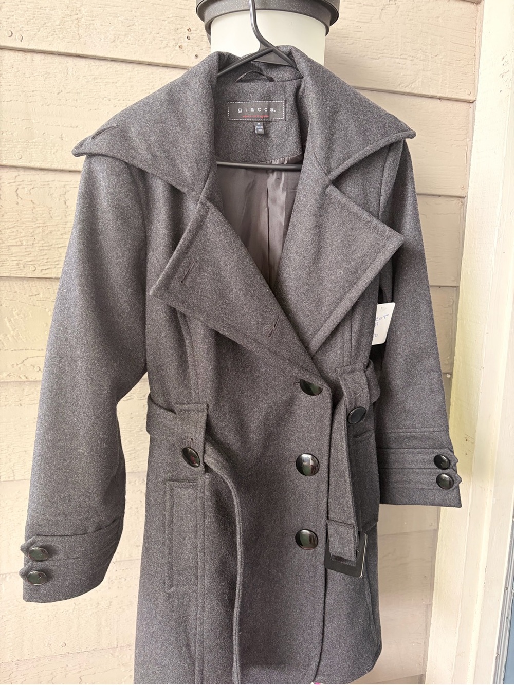 giacca Gray Double-Breasted Wool-Blend Trench Coat with Belt